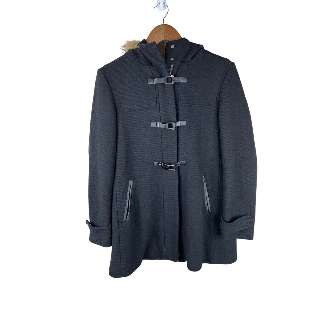 Vintage Cole Haan Black‎ Wool Duffel Coat With Faux Fur Hood - Sz10